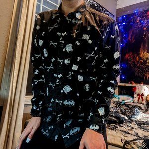 Black casual button-down shirt with white batman print